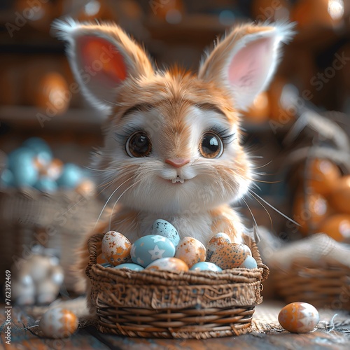 This adorable 3D Easter Bunny, complete with a cheerful grin and a basket brimming with colorful Easter eggs, brings the joy and spirit of the holiday to life in vivid detail.