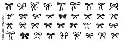 Large set of bow silhouettes in linocut style. Vector illustrations of black ribbons isolated on white background.
