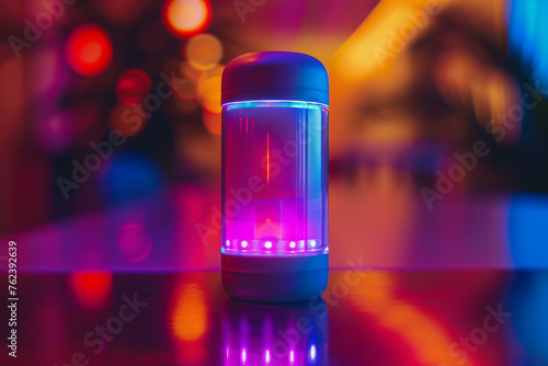 Close-up of a smart pill bottle designed for personalized medicine regimens. The bottle uses LED lights and app notifications to remind users of their unique dosing schedule