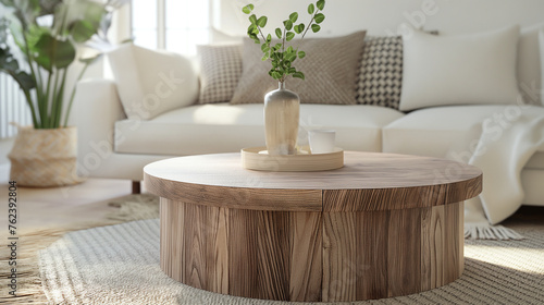 Contemporary Living Room with Textured White Sofa and Round Wood Coffee Table