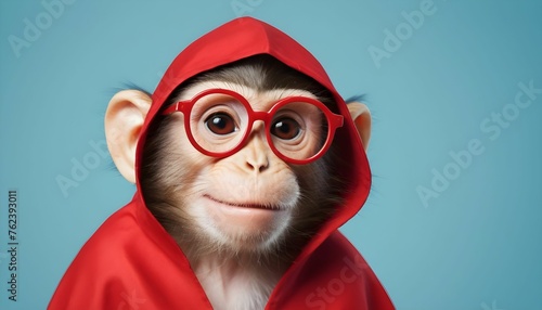 monkey with red cape and specs like a hero with light blue background photo