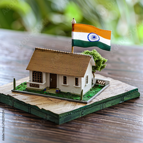 Indian national flag over a wooden house on a blue background. photo