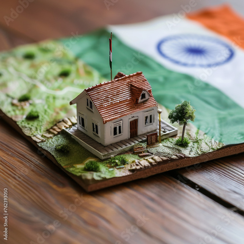 Indian national flag over a wooden house on a blue background. photo