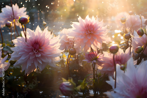 Pink dahlia flowers in water with sunlight. Natural background.