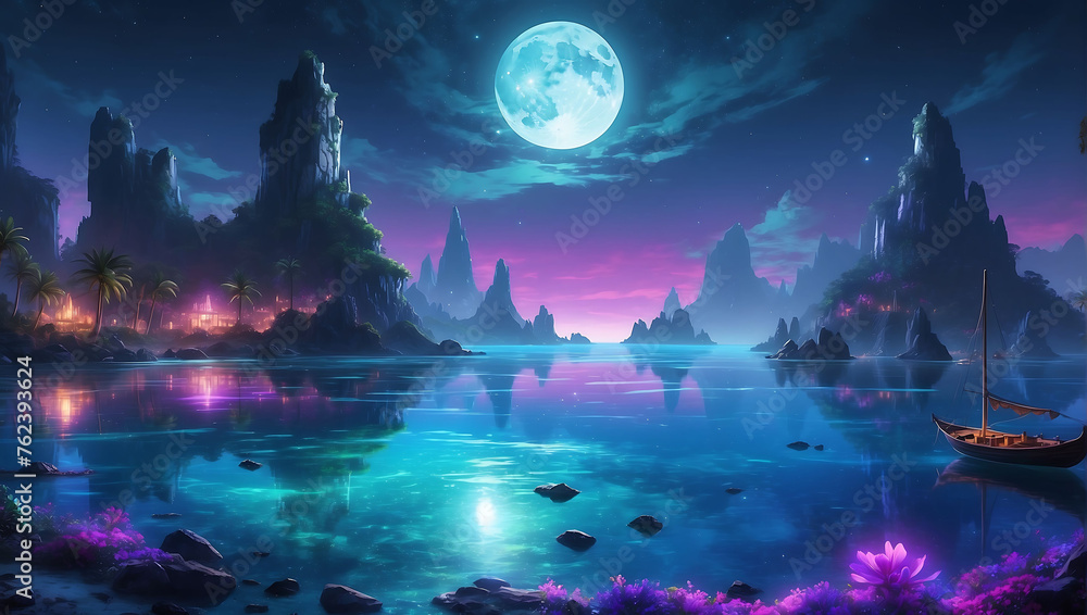 fantasy night sky  with beautiful purple sky and moon. With the boat.
