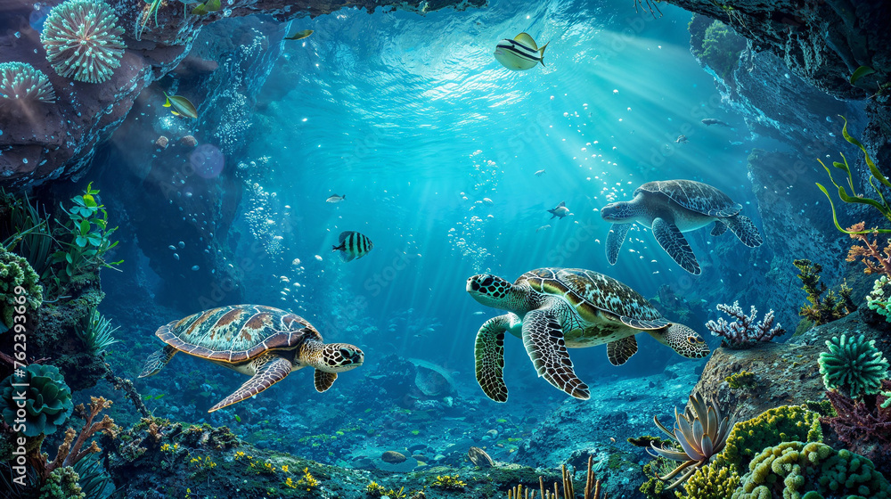 Sea turtles journeying through an underwater valley, teeming with marine life and vivid sea plants. Sea turtles journeying through an underwater valley, teeming with marine life and vivid sea plants.