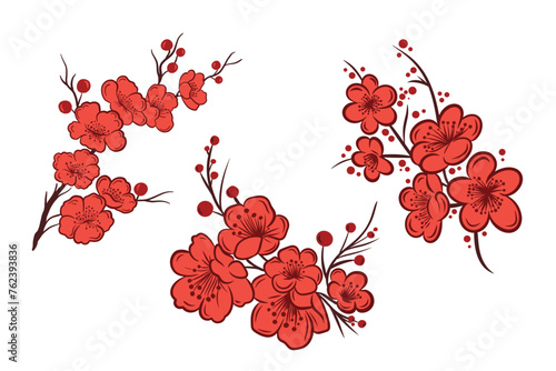 Asian sakura cherry blossom branch set, minimalist simple flat vector illustration isolated on white background. Clip art element collection for oriental template, banner