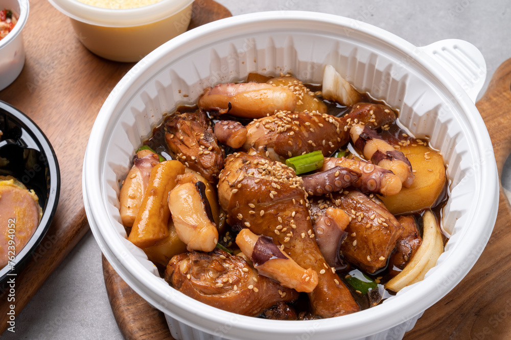 Korean food, braised spicy chicken, spicy, steamed chicken, soy sauce, side dishes, steamed eggs, ham, kimchi, traditional Korean food, braised spicy chicken, spicy, steamed chicken, soy sauce, side dishes, steamed eggs, ham, kimchi, traditional