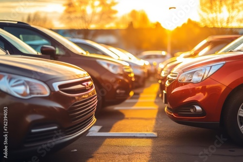 Cars parked at outdoor parking lot. Used cars for sale and rental service. Car insurance background. Automobile parking area. Car dealership and dealer agent concept. photo