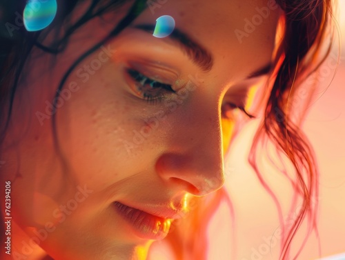 Middle Eastern woman's serene interaction with health app amidst a backdrop of light and bubbles