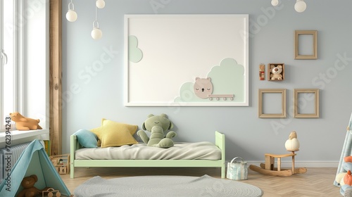 High quality wall art frame mockup. Lovely baby room, home interior design, 3d rendering 