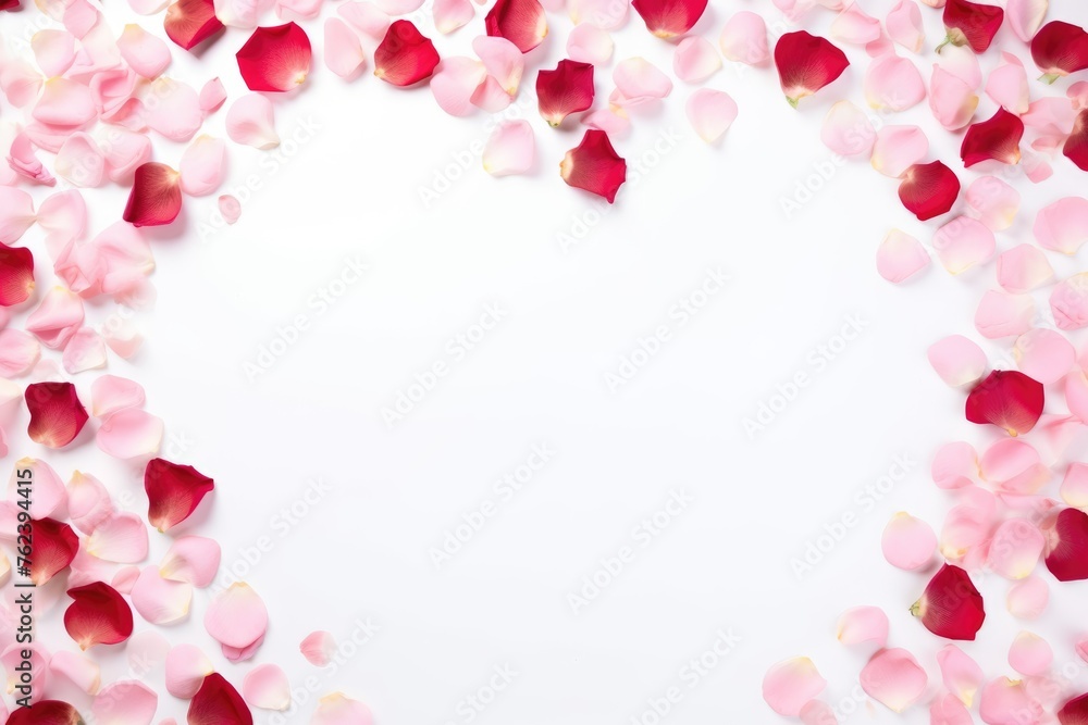 A circle frame created by a delicate gradient of pink to red rose petals on a clean white background. Circle Frame of Pink and Red Rose Petals