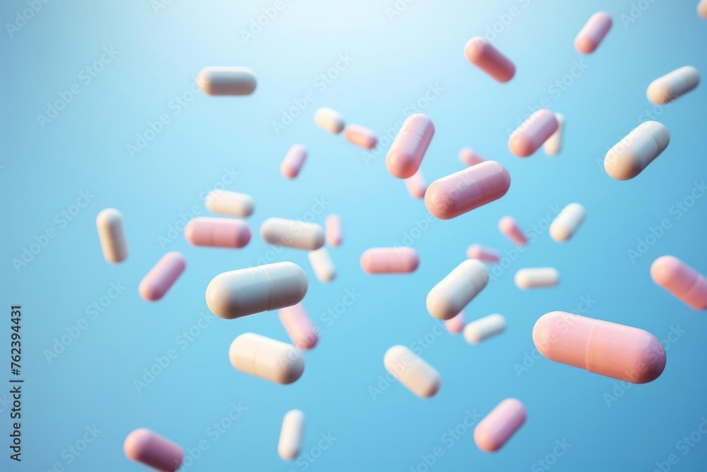 Pill capsules flying on pastel background