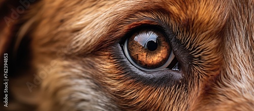 A closeup of a carnivores brown eye, belonging to a fawncolored dog breed. The dogs eyelash and whiskers are visible, along with its livercolored snout