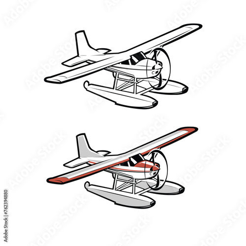 Sea plane vector art illustration isolated in white background. Small amphibious plane vector art monochrome and color vector