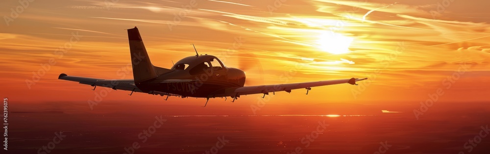 A plane is flying high in the air as the sun sets, casting a warm glow across the sky. The silhouette of the aircraft is clearly visible against the colorful backdrop of the fading daylight. A plane is flying high in the air as the sun sets, casting a warm glow across the sky. The silhouette of the aircraft is clearly visible against the colorful backdrop of the fading daylight.