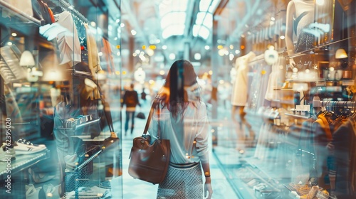 A woman is walking through a store with a brown purse. The store is filled with many people and items, including a large number of handbags. The atmosphere is busy and bustling, with people shopping