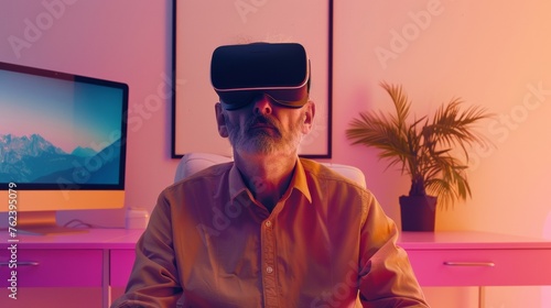 Mature man engages in VR therapy against pink office backdrop, addressing andropause through technology. Immersive tech for seniors' mental health and relaxation in stylish interior