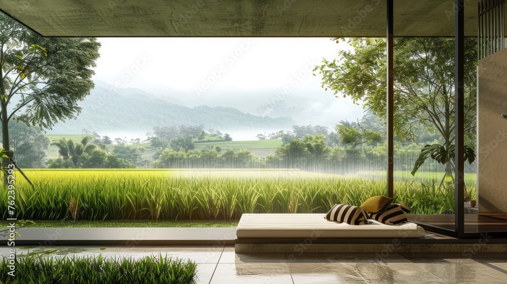 a villa, where the corner of an aluminum window frames a picturesque view of green rice fields amidst a gentle spring rain, in a super realistic photograph bursting with bright colors. a villa, where the corner of an aluminum window frames a picturesque view of green rice fields amidst a gentle spring rain, in a super realistic photograph bursting with bright colors.