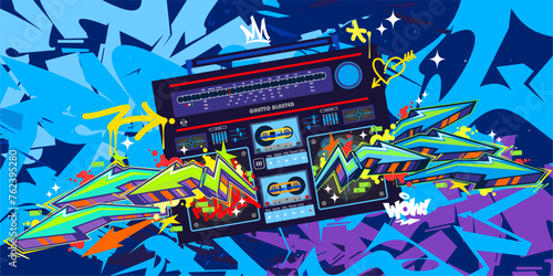 Cool Abstract Detailed Ghetto Blaster Urban Style Hiphop Graffiti Street Art Vector Template