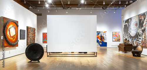 A gallery show hall featuring a variety of contemporary art works and a blank white poster photo