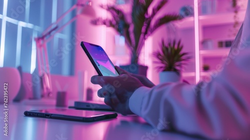 Close-up of a man's hands using a smartphone in a futuristic neon-lit environment, reflecting urban tech lifestyle