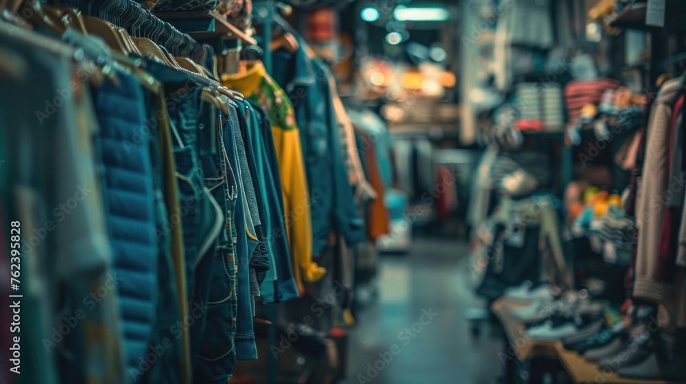 A selective focus shot of secondhand clothing items neatly arranged on racks in a vintage store, promoting sustainable fashion. A selective focus shot of secondhand clothing items neatly arranged on racks in a vintage store, promoting sustainable fashion.