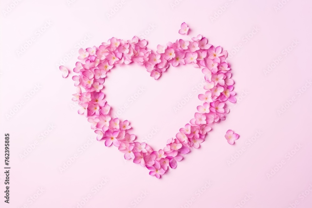 Delicate pink flowers forming a heart shape on a soft pink background for romantic occasions.