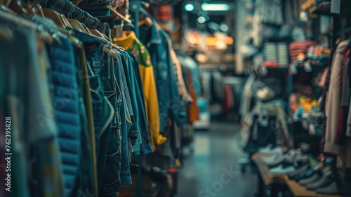 A selective focus shot of secondhand clothing items neatly arranged on racks in a vintage store, promoting sustainable fashion. photo