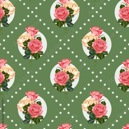 Roses seamless pattern with background. Romantic fabric design.