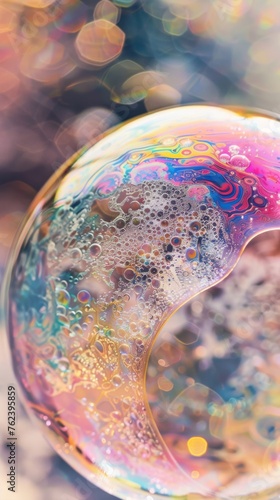  A close-up of a bubble on soap reflecting an intricate world within its transient