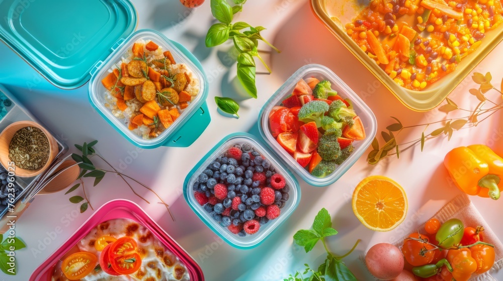 Various containers filled with different foods placed on a table, showcasing a mix of diet options and culinary styles Various containers filled with different foods placed on a table, showcasing a mix of diet options and culinary styles