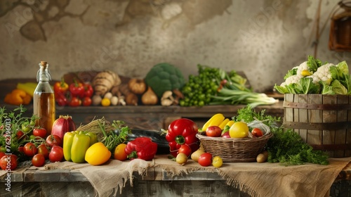 A variety of fresh vegetables neatly arranged on a rustic table  showcasing a colorful and healthy display