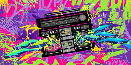 Trendy Abstract Detailed Ghetto Blaster Urban Style Hiphop Graffiti Street Art Vector Template