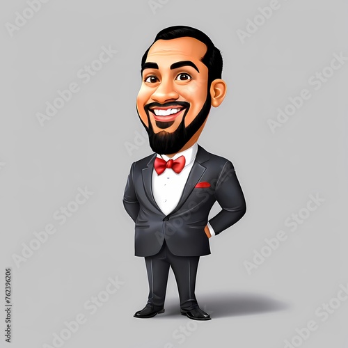 2d illustration of a cartoon caricature of a cheerful man with a beard in a suit with a red butterfly. Generative AI