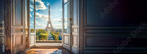 Travel, real estate in Paris for sale, booking, rent banner. View of the Eiffel Tower and the Seine River through the open balcony window of a vacation rental apartment on the Right Bank in Paris. photo