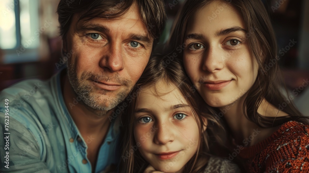 Obraz premium A man stands with two young girls, smiling, as they pose for a portrait. The trio is casually dressed and appears relaxed in front of the camera.