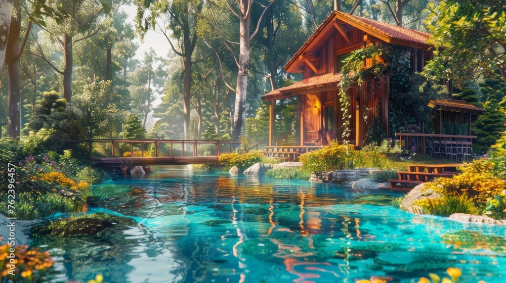 Naklejka premium A painting depicting a house surrounded by lush trees in a forest setting