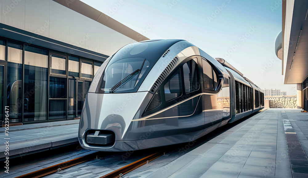 Futuristic grey train with large windows on either side exterior