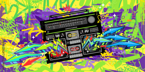 Colorful Abstract Detailed Ghetto Blaster Urban Style Hiphop Graffiti Street Art Vector Template