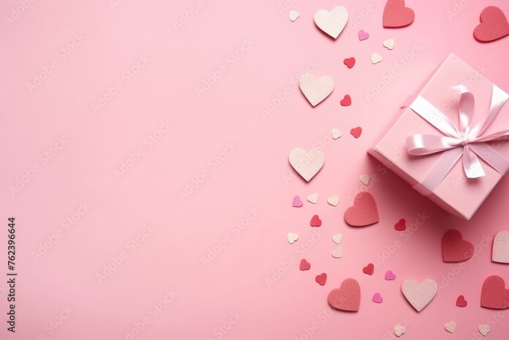 Pastel pink gift box with a delicate bow and paper hearts on a soft pink background.