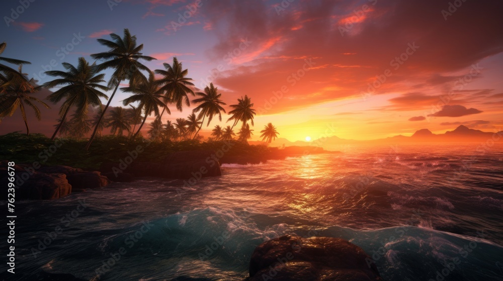 Generative AI Overhead shot capturing the silhouette of palm trees on remote islands against the stunning backdrop of a vibrant sunset, casting golden reflections on the tranquil waters below. photore