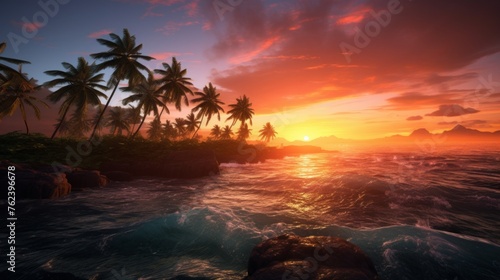 Generative AI Overhead shot capturing the silhouette of palm trees on remote islands against the stunning backdrop of a vibrant sunset  casting golden reflections on the tranquil waters below. photore