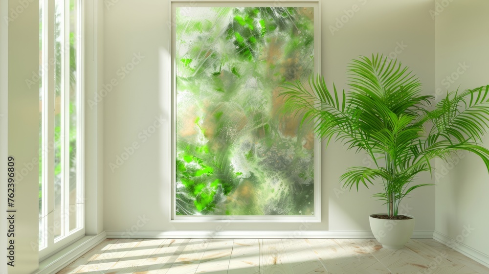 Fototapeta premium A potted plant sits next to a window, basking in the natural light that streams through the glass