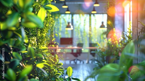 A room filled with numerous green plants, enhancing the biophilic design of a modern office space