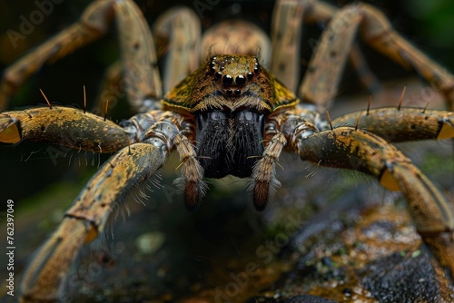 A spider is shown in a close up of its face. The spider is brown and has a hairy body