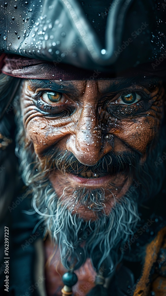 Representation of a fearsome blackbeard, pirate of the waters of the Caribbean and the east coast of the American colonies. Pirate smiling with a fearsome look.