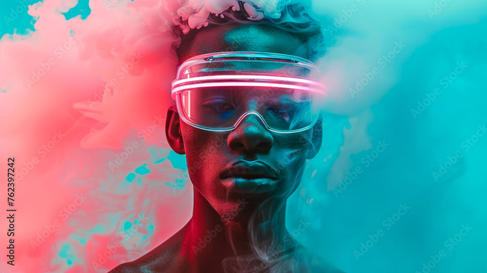 Vibrant teal and red smoke swirl around an obscured individual creating a striking visual contrast