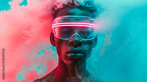 Vibrant teal and red smoke swirl around an obscured individual creating a striking visual contrast