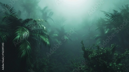 Misty Tropical Rainforest Under a Soft Sunlight at Dawn